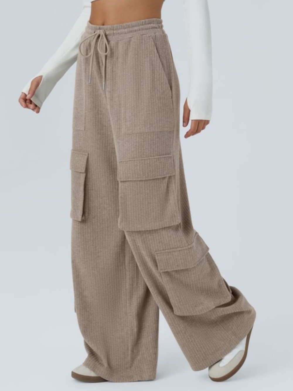 Halara Ribbed Wide Leg Cargo joggers Casual chill Pant Mocha Meringue size L - Picture 2 of 4